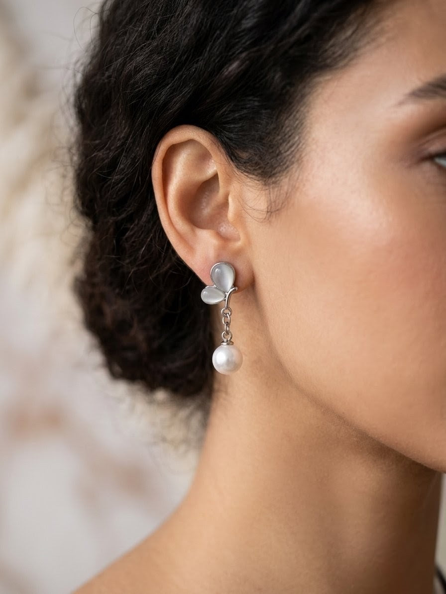 Silver Butterfly Pearl Drop Earrings