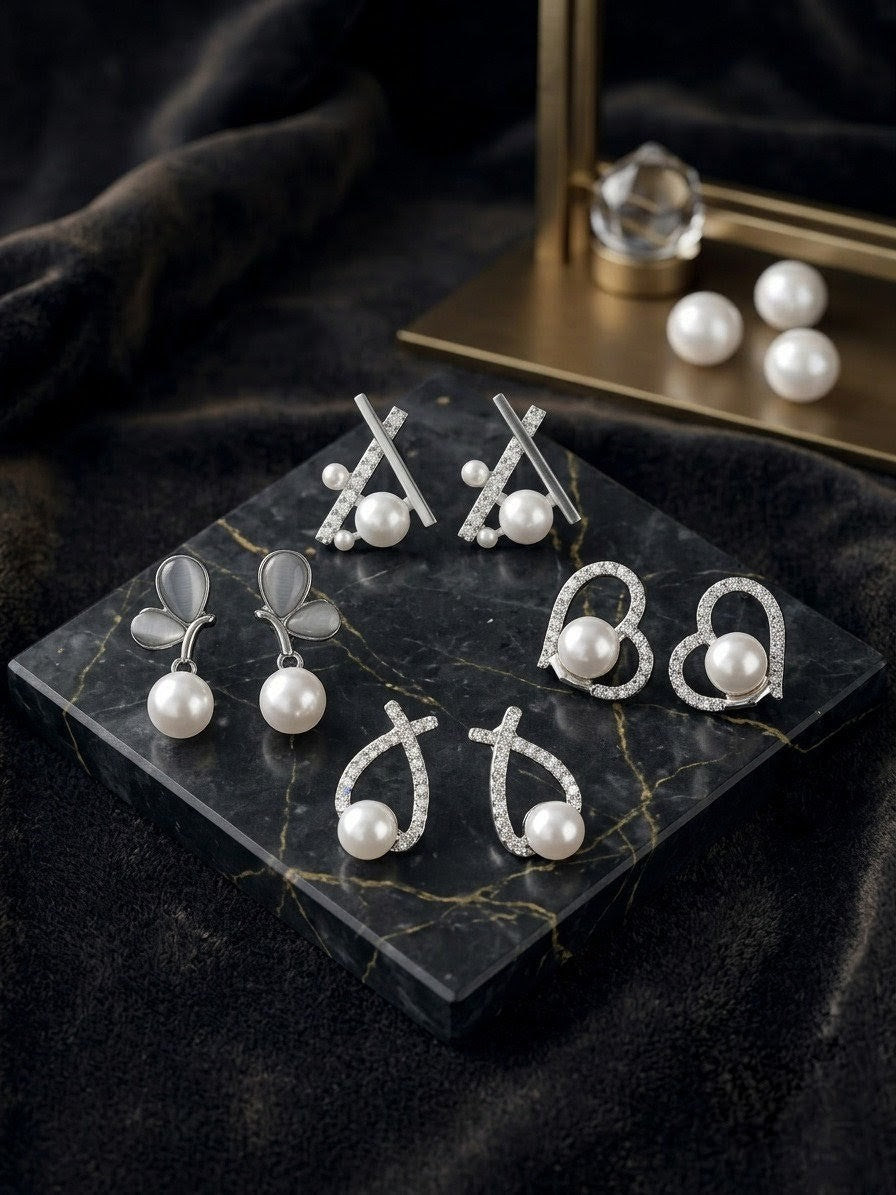 Luxury 4-Pair Pearl Earrings Set | Silver Geometric, Heart & Butterfly Drop Stud Combo