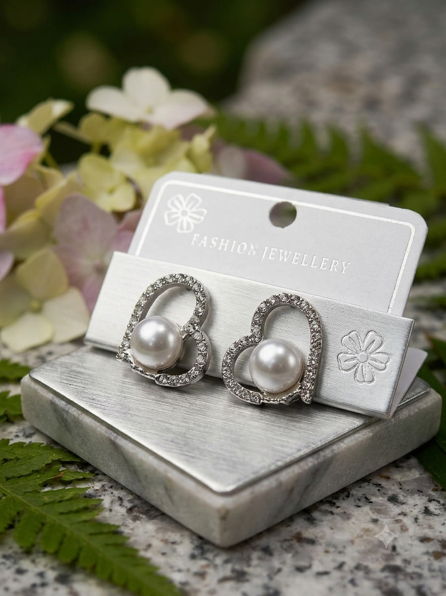 Heart Stud Earrings with Pearl and Crystals