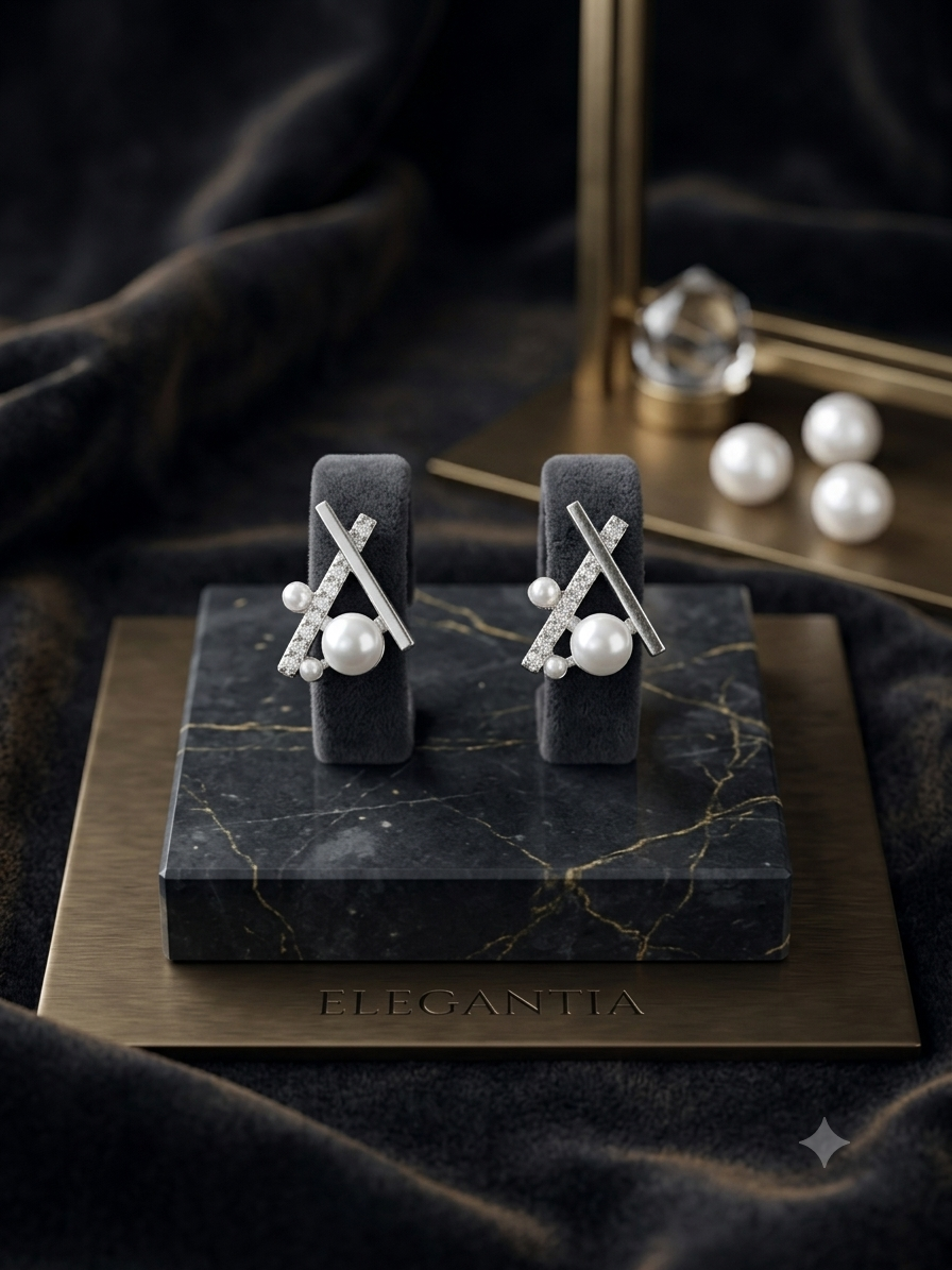 Cross Pearl Stud Earrings with Crystals