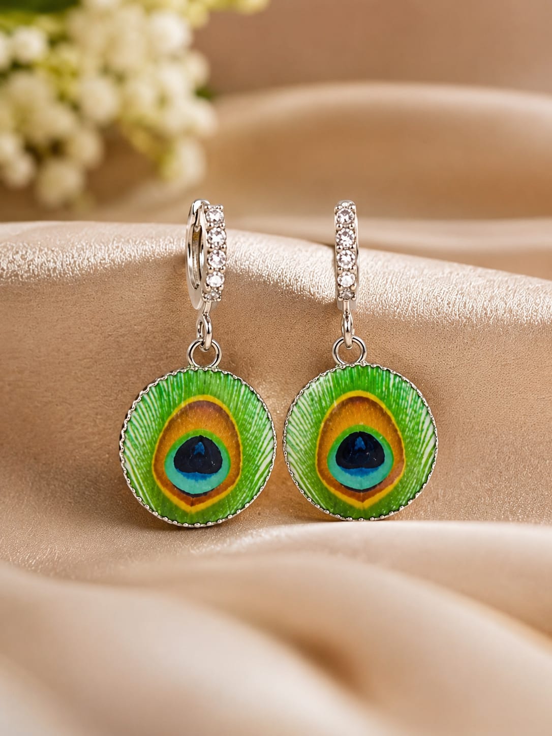 Peacock Feather Enamel Drop Earrings with Crystal Hoops