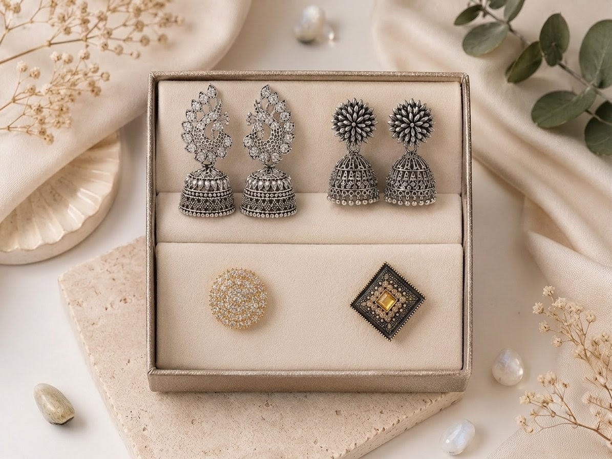 Oxidized Silver Jhumka Earrings & Rings Combo Set