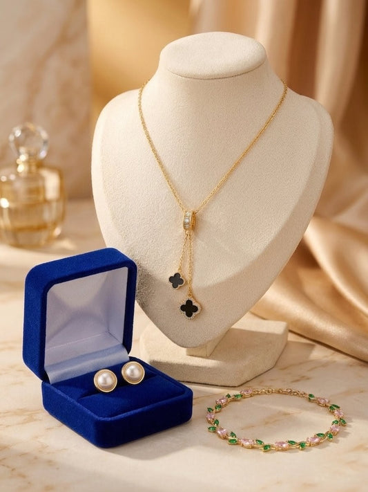 Royal Grace Jewelry | Black Clover Pendant, Pearl Studs & Floral Bracelet